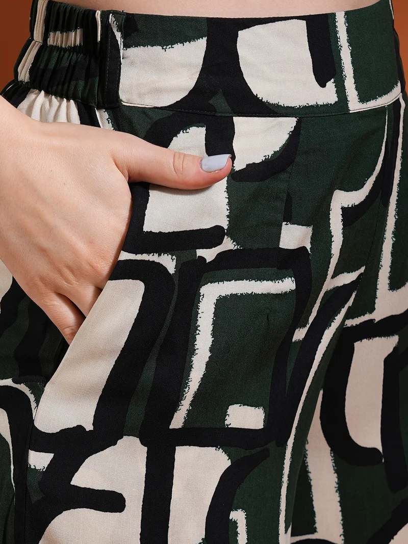 globus Women Green Printed V-Neck Top With Palazzo