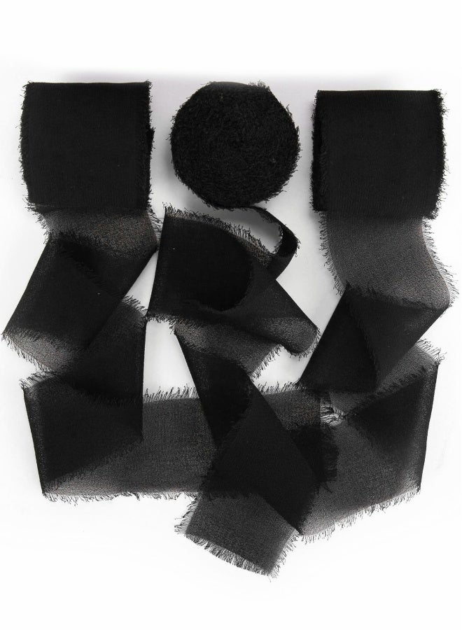 Handmade Fringe Chiffon Silk Ribbon 3 Rolls 38mm x 5Yd(4.5m) Black Ribbons Set for Wedding Invitations, Bridal Bouquets, Gifts Wrapping, DIY Crafts - Image 1