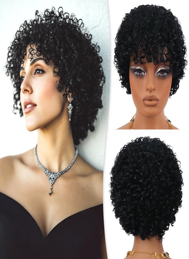 RUWISS Short Curly Human Hair Kinky Curly Wigs for Black Women Glueless Wear and Go Bob Wigs with Bangs for Women, Lightweight Wig Daily to Party Wear, FY-1330 Natural Black - Image 1