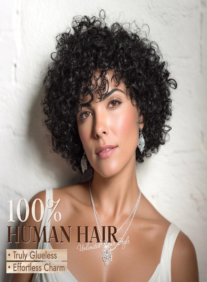 RUWISS Short Curly Human Hair Kinky Curly Wigs for Black Women Glueless Wear and Go Bob Wigs with Bangs for Women, Lightweight Wig Daily to Party Wear, FY-1330 Natural Black - Image 2