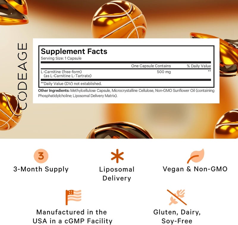 Codeage مكمل كوداج ليبوسومال إل كارنيتين 500 ملغ إل كارنيتين إل تارترات لكل حصة  حمض أميني حر  كارنيتين  توصيل ليبوسومال  نباتي  غير معدل وراثيًا  خالي من الغلوتين  90 كبسولة - Image 2