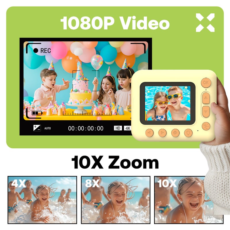 كاميرا طباعة فورية للأطفال كاميرا الأطفال كاميرا رقمية بدقة 1080P للأطفال بشاشة IPS مقاس 2.4 بوصة وتكبير 10 أضعاف وبطارية مدمجة مع ورق الطباعة الحراري وأقلام ملونة وحزام عنق و بطاقة TF سعة 32 جيجا بايت هدية لعيد الميلاد والمهرجانات - Image 2