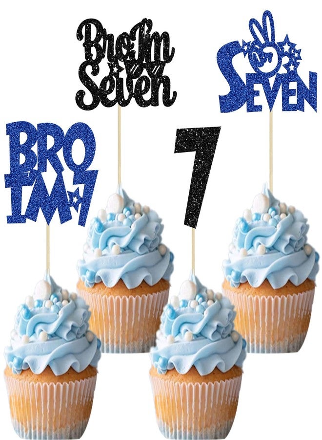Ephlyn 24Pcs Bro I'm 7 Cupcake Toppers Glitter Boy 7th Birthday Cupcake Pick Decorations for Cheers to Seven Years Old Big Brother 7th Birthday Party Supplies - Image 1