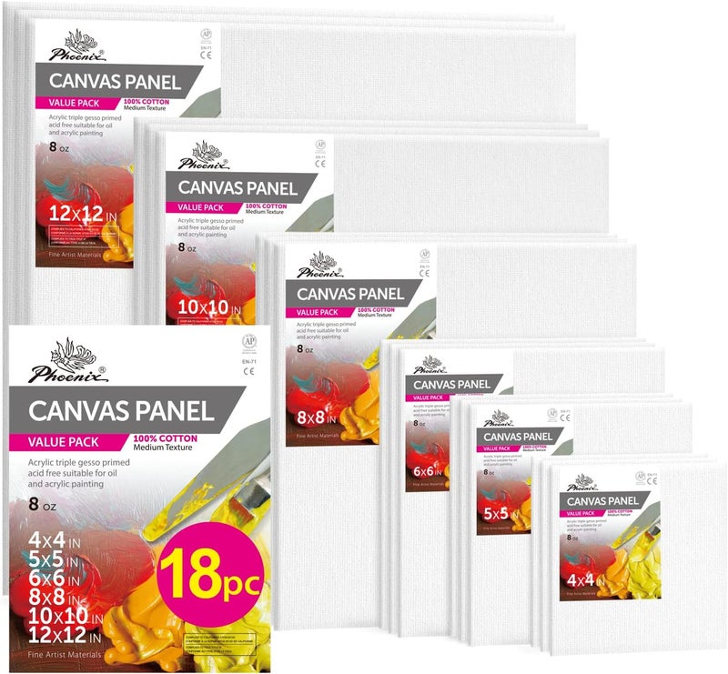 Phoenix Square Canvases for Painting - 18 Pack Canvas Boards Multipack 4x4,5x5,6x6,8x8,10x10,12x12 in 8 Oz Triple Primed Cotton Flat White Blank Canvas Panels Bulk Pack for Acrylic & Oil Paints - Image 1
