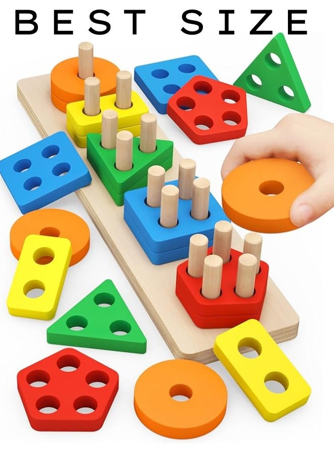 أوتدور.ماركت لعبة فرز وتكديس الأشكال الخشبية للأطفال من عمر 1 إلى 3 سنوات، لعبة تعليمية مونتيسوري للتعرف على الألوان والأشكال الهندسية، تنمية المهارات الحركية الدقيقة، هدية تعليمية للأولاد والبنات - Image 1