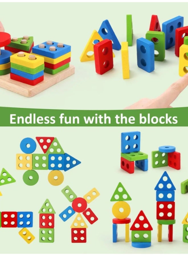 أوتدور.ماركت لعبة فرز وتكديس الأشكال الخشبية للأطفال من عمر 1 إلى 3 سنوات، لعبة تعليمية مونتيسوري للتعرف على الألوان والأشكال الهندسية، تنمية المهارات الحركية الدقيقة، هدية تعليمية للأولاد والبنات - Image 2