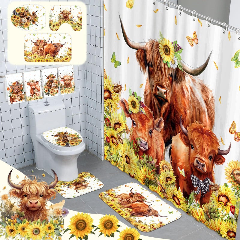 FuWeave طقم ستائر حمام FuWeave مكون من 8 قطع، بتصميم أبقار المرتفعات الاسكتلندية، مع سجاد ومناشف ريفية، وغطاء للمرحاض، وبساط حمام، و12 خطافًا. يتضمن الطقم سجادًا مانعًا للانزلاق، وغطاءً للمرحاض، وحصيرة حمام، و12 خطافًا. - Image 1