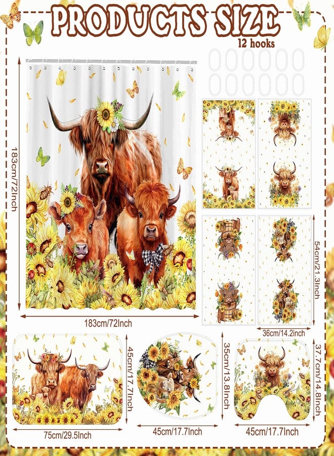 FuWeave طقم ستائر حمام FuWeave مكون من 8 قطع، بتصميم أبقار المرتفعات الاسكتلندية، مع سجاد ومناشف ريفية، وغطاء للمرحاض، وبساط حمام، و12 خطافًا. يتضمن الطقم سجادًا مانعًا للانزلاق، وغطاءً للمرحاض، وحصيرة حمام، و12 خطافًا. - Image 2