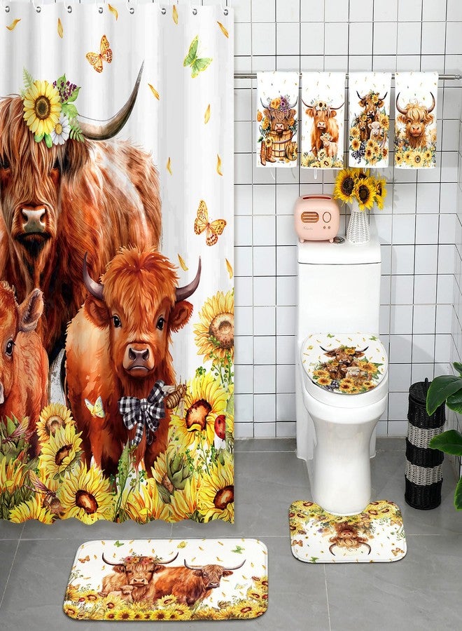 FuWeave طقم ستائر حمام FuWeave مكون من 8 قطع، بتصميم أبقار المرتفعات الاسكتلندية، مع سجاد ومناشف ريفية، وغطاء للمرحاض، وبساط حمام، و12 خطافًا. يتضمن الطقم سجادًا مانعًا للانزلاق، وغطاءً للمرحاض، وحصيرة حمام، و12 خطافًا. - Image 4