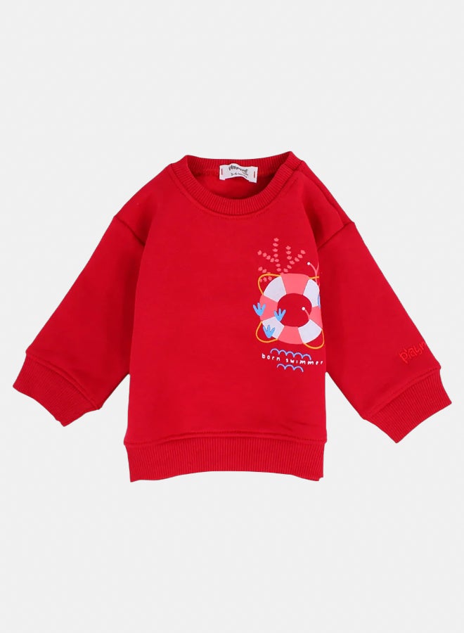 playmore Baby Girls Sweatshirt – Red with “Born Swimmer” Print - Image 1