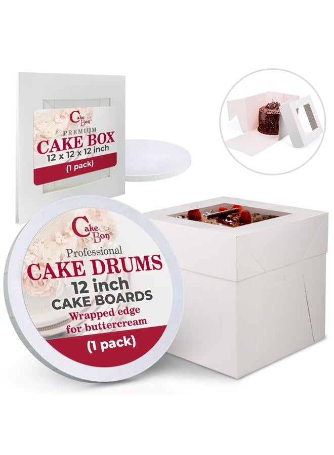 Cakebon Cake Boxes with Cake Drums (White, 12 inch) 1/2" Thick (1-pack) - Cake Boxes 12 Inch for Birthdays, Weddings and Christmas Parties - Cake Boxes with Window - Image 1