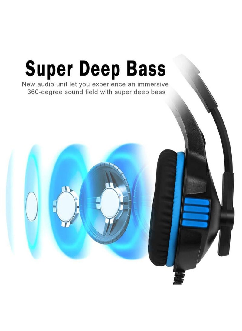 Over Ear Gaming Headphones with Noise Cancelling Mic LED Light 3.5mm Wired Gaming Headset Stereo Bass Surround Soft Memory Earmuffs for Xbox One/PS4/PC/Smart Phone/Laptops/Tablet - Blue  - Image 3