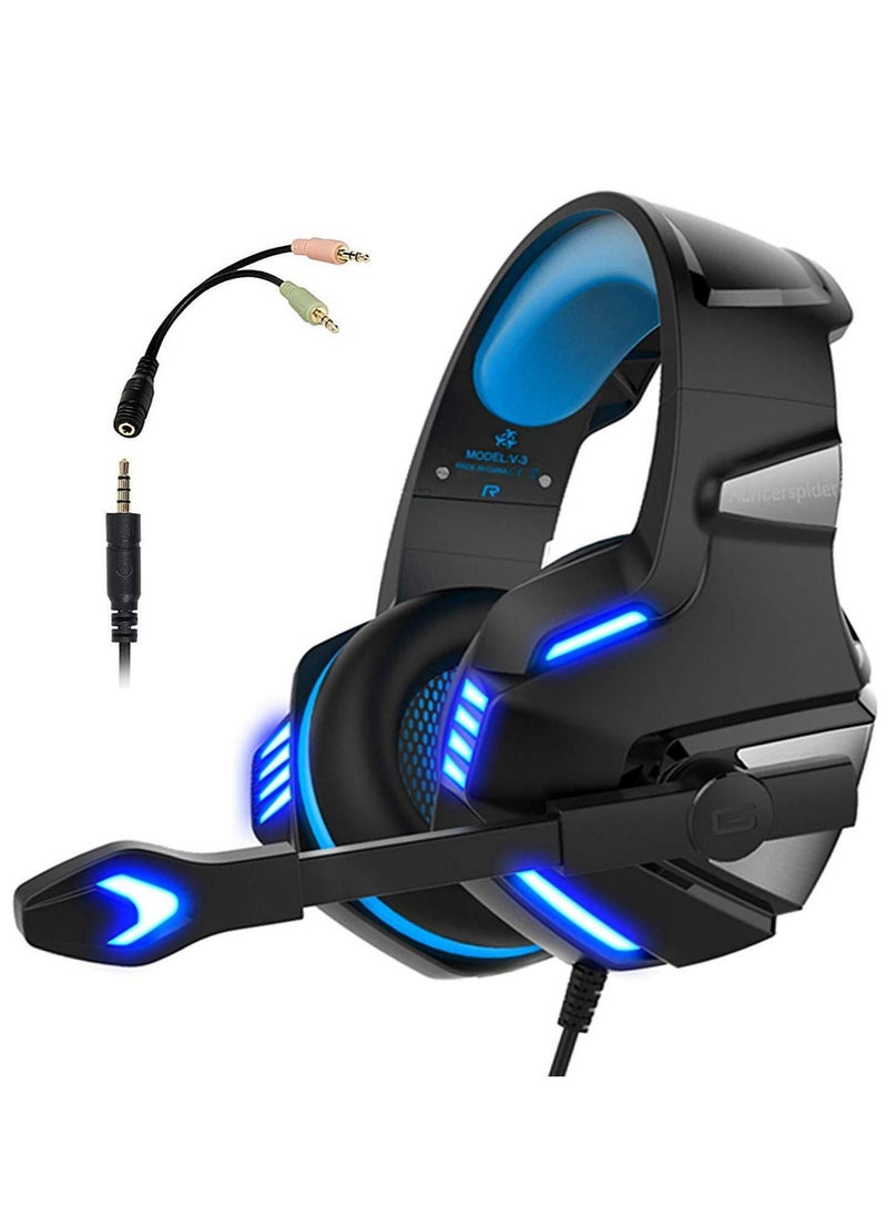 Over Ear Gaming Headphones with Noise Cancelling Mic LED Light 3.5mm Wired Gaming Headset Stereo Bass Surround Soft Memory Earmuffs for Xbox One/PS4/PC/Smart Phone/Laptops/Tablet - Blue  - Image 1