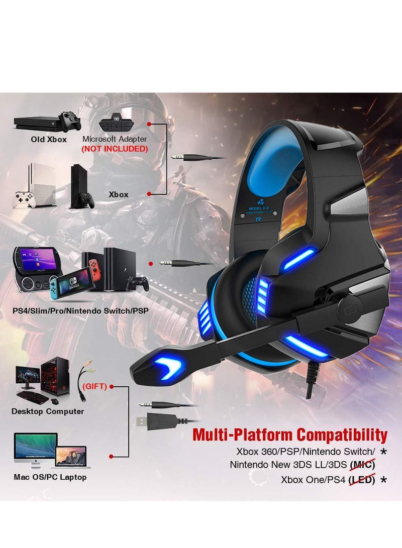 Over Ear Gaming Headphones with Noise Cancelling Mic LED Light 3.5mm Wired Gaming Headset Stereo Bass Surround Soft Memory Earmuffs for Xbox One/PS4/PC/Smart Phone/Laptops/Tablet - Blue  - Image 2