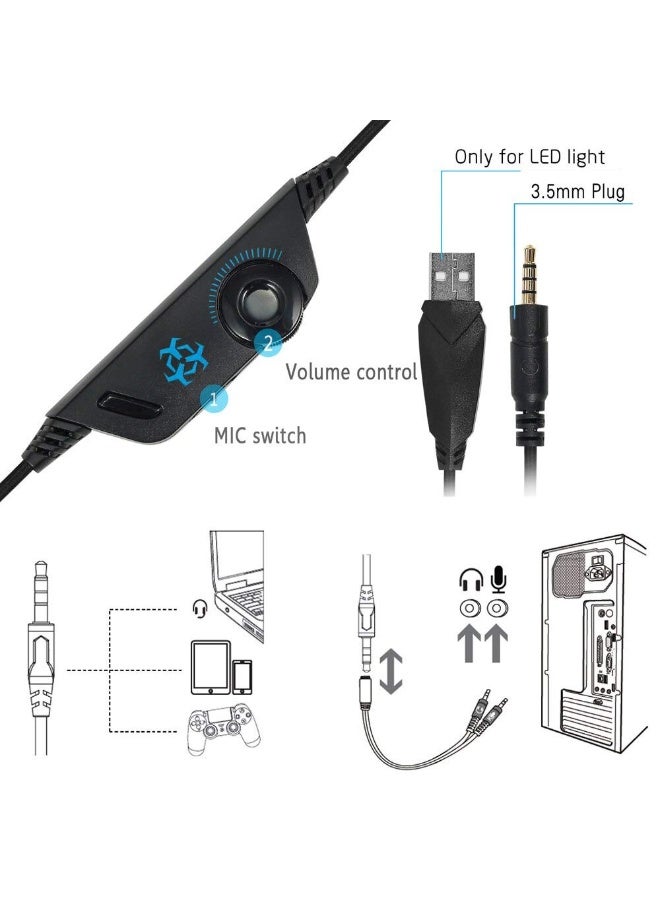 Over Ear Gaming Headphones with Noise Cancelling Mic LED Light 3.5mm Wired Gaming Headset Stereo Bass Surround Soft Memory Earmuffs for Xbox One/PS4/PC/Smart Phone/Laptops/Tablet - Blue - Image 3