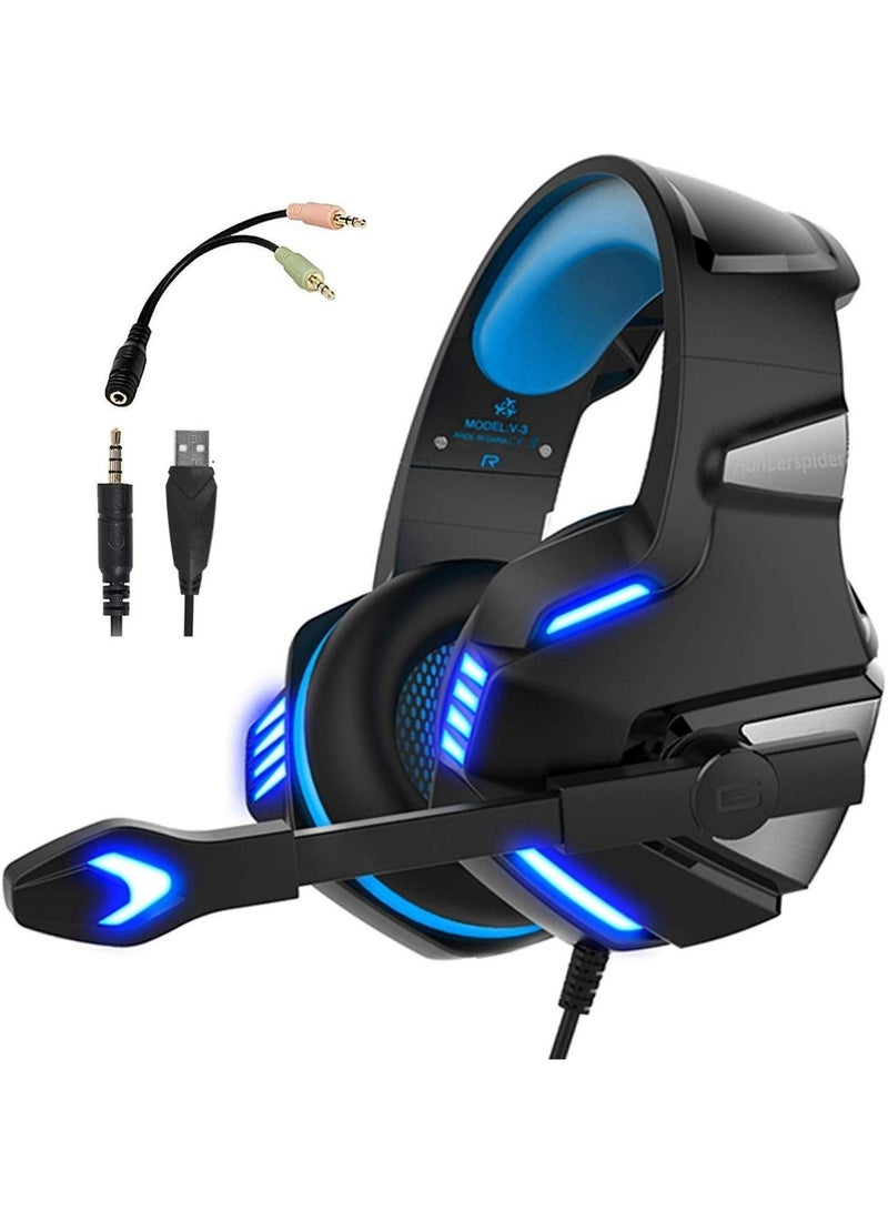 Over Ear Gaming Headphones with Noise Cancelling Mic LED Light 3.5mm Wired Gaming Headset Stereo Bass Surround Soft Memory Earmuffs for Xbox One/PS4/PC/Smart Phone/Laptops/Tablet - Blue - Image 1