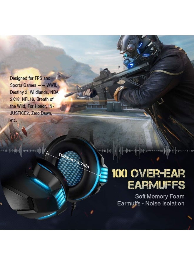Over Ear Gaming Headphones with Noise Cancelling Mic LED Light 3.5mm Wired Gaming Headset Stereo Bass Surround Soft Memory Earmuffs for Xbox One/PS4/PC/Smart Phone/Laptops/Tablet - Blue - Image 5