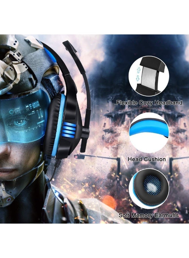 Over Ear Gaming Headphones with Noise Cancelling Mic LED Light 3.5mm Wired Gaming Headset Stereo Bass Surround Soft Memory Earmuffs for Xbox One/PS4/PC/Smart Phone/Laptops/Tablet - Blue - Image 4