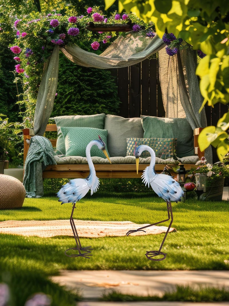 YEAHOME Garden Decor Outdoor Statues, 22"/20" Large Metal Heron Standing Yard Art, Blue Crane Lawn Sculptures Garden Decor for Outside Patio Porch Backyard, Set of 2 - Image 3