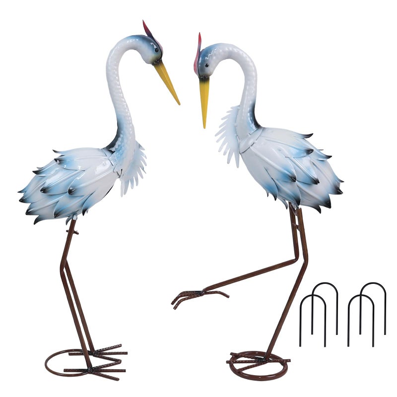 YEAHOME Garden Decor Outdoor Statues, 22"/20" Large Metal Heron Standing Yard Art, Blue Crane Lawn Sculptures Garden Decor for Outside Patio Porch Backyard, Set of 2 - Image 1