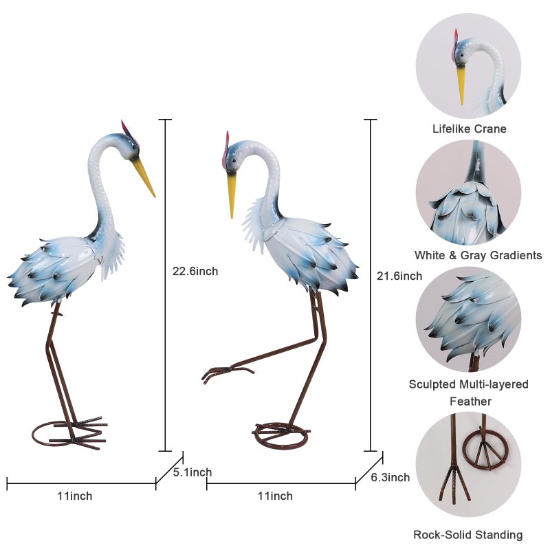 YEAHOME Garden Decor Outdoor Statues, 22"/20" Large Metal Heron Standing Yard Art, Blue Crane Lawn Sculptures Garden Decor for Outside Patio Porch Backyard, Set of 2 - Image 2
