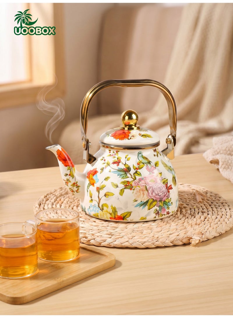 uoobox 1.5L Enamel Teapot, Flower And Bird Pattern Kettle With Tea Infuser, Tea Pot, Perfect for Arabic Coffee, Tea, Boiling Water, and Milk - Image 1