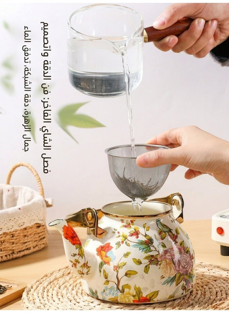 uoobox 1.5L Enamel Teapot, Flower And Bird Pattern Kettle With Tea Infuser, Tea Pot, Perfect for Arabic Coffee, Tea, Boiling Water, and Milk - Image 2