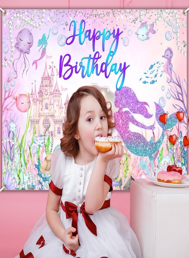 Avezano Mermaid Happy Birthday Backdrop Under The Sea Birthday Party Decorations Little Mermaid Backdrop for Girls Ocean Theme Bday Party Decor (8x6ft) - Image 5
