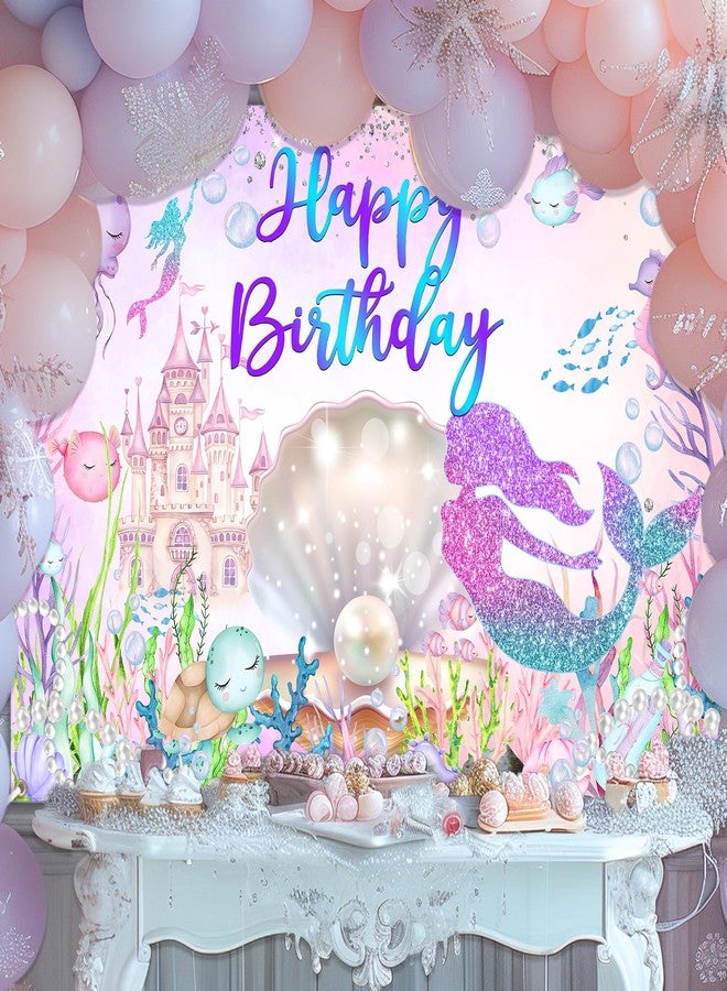 Avezano Mermaid Happy Birthday Backdrop Under The Sea Birthday Party Decorations Little Mermaid Backdrop for Girls Ocean Theme Bday Party Decor (8x6ft) - Image 2