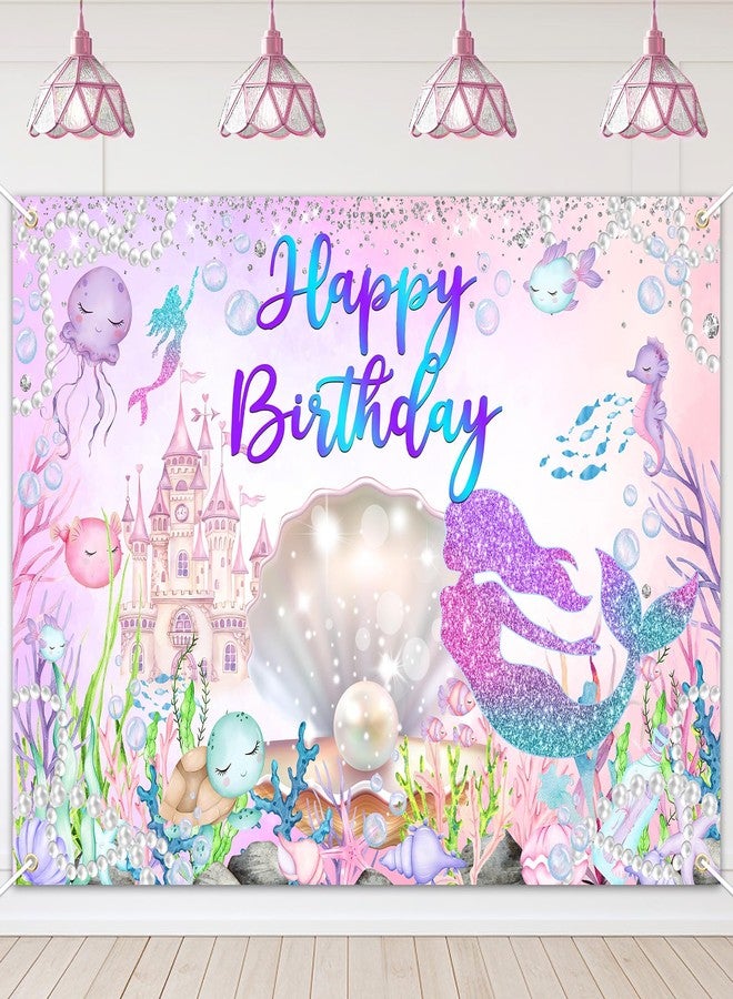 Avezano Mermaid Happy Birthday Backdrop Under The Sea Birthday Party Decorations Little Mermaid Backdrop for Girls Ocean Theme Bday Party Decor (8x6ft) - Image 1