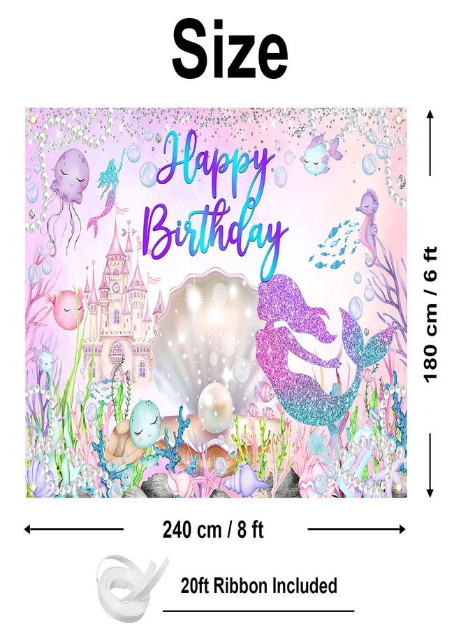 Avezano Mermaid Happy Birthday Backdrop Under The Sea Birthday Party Decorations Little Mermaid Backdrop for Girls Ocean Theme Bday Party Decor (8x6ft) - Image 3