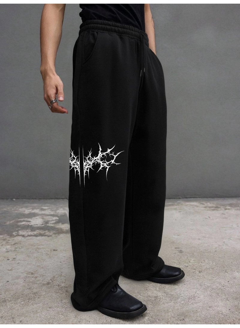 Men's Baggy Pants Black Casual Wide Leg Sweatpants Y2K Tribal Graphic Print Streetwear Trousers Elastic Waist Oversized - Image 1