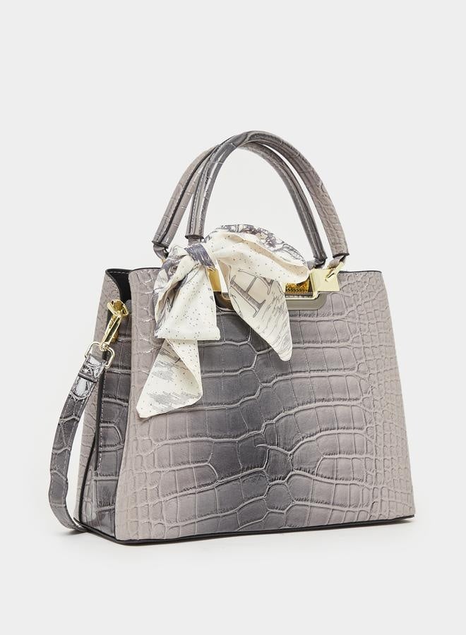Styli Croc Skin Texture Handbag with Printed Scarf  - Image 1