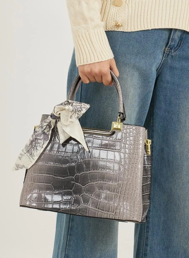 Styli Croc Skin Texture Handbag with Printed Scarf