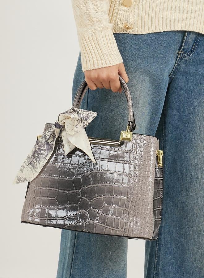 Styli Croc Skin Texture Handbag with Printed Scarf  - Image 3