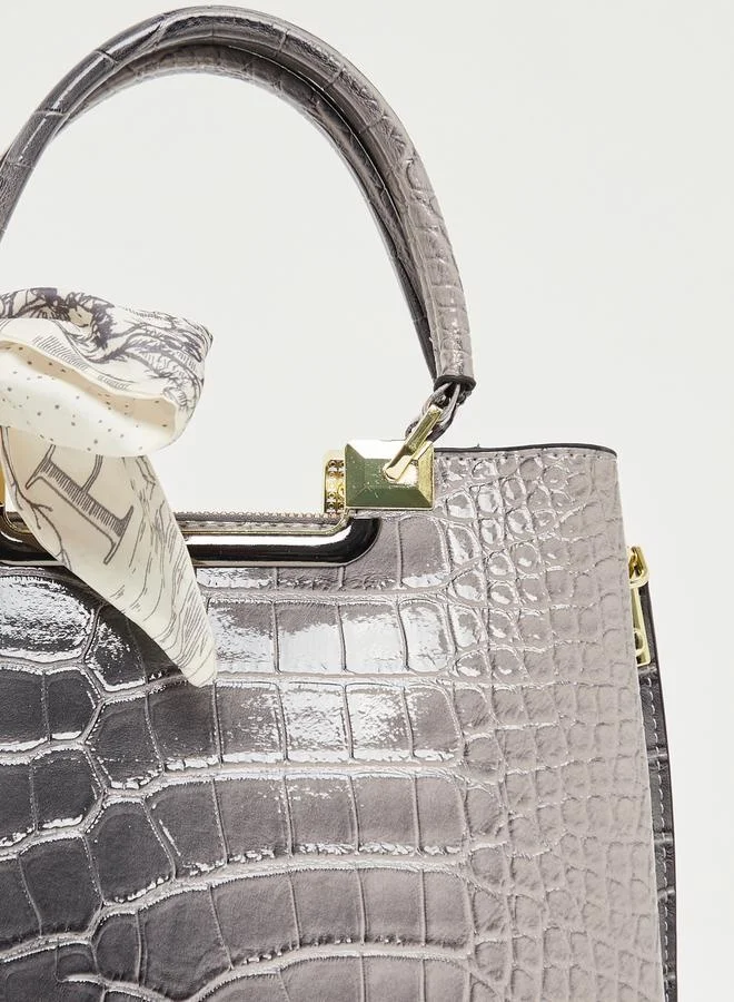 Styli Croc Skin Texture Handbag with Printed Scarf