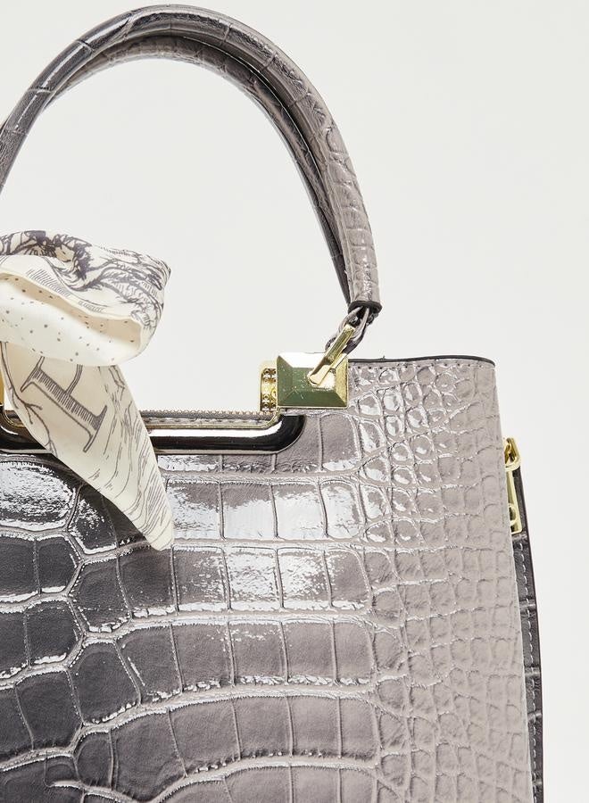Styli Croc Skin Texture Handbag with Printed Scarf  - Image 5