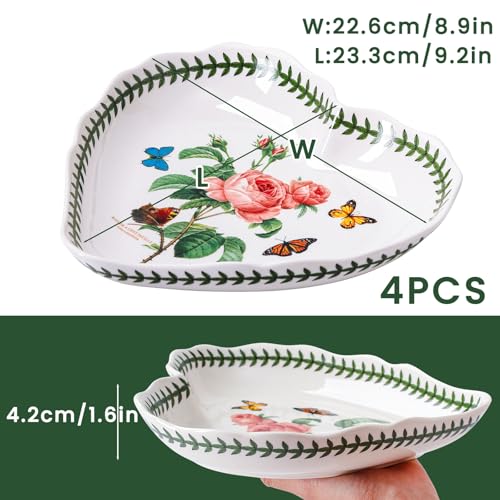 KXZ 22oz Ceramic heart Plates Set Of 4, 9 Inch Heart-Shaped Dessert Plates, White Appetizer, Salad Place, Restaurant Utensils, Microwave, Oven And Dishwasher Safe, White With Floral Pattern - Image 2