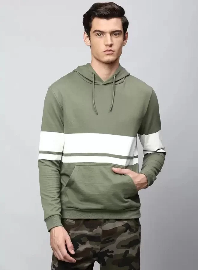 Regular Fit Light Olive Sweatshirt for Men - Polycotton, Colourblocked, Hooded, Full Sleeves, Knitted