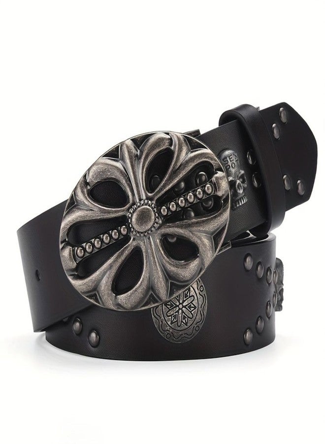 OATSBAS Men's Belt Bohemian Style Belt Vintage Skeleton Women's Belt Riveted Belt Hip Hop Punk Rock Y2K Belt, Black, 47inch - Image 1