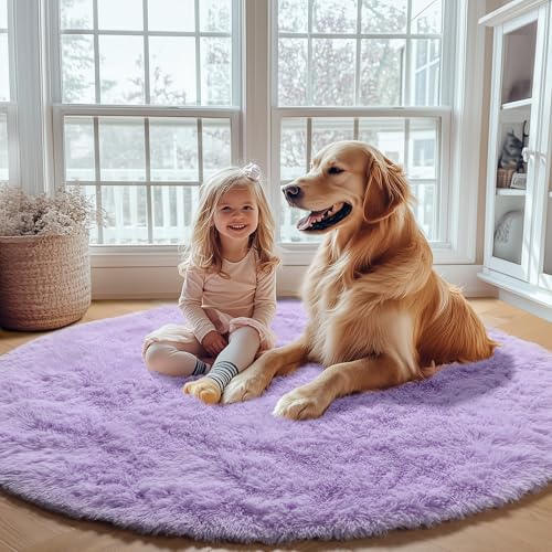 ONASAR Light Purple Round Area Rug 4ft, Soft Bedroom Circle Rugs Floor Mats for Kids Girls Teen Room, Cute Fluffy Plush Shaggy Carpet for Baby Nursery Living Room Playroom Dorm Home Decor - Image 5
