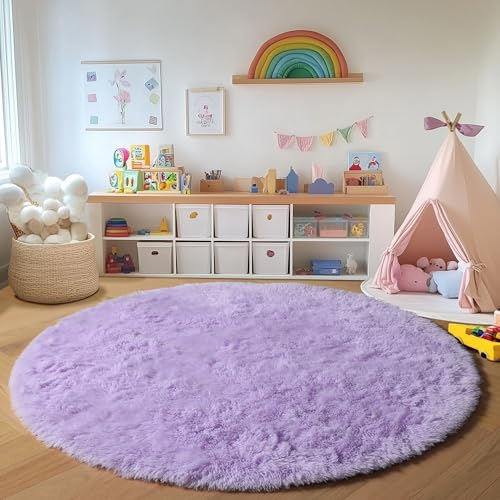 ONASAR Light Purple Round Area Rug 4ft, Soft Bedroom Circle Rugs Floor Mats for Kids Girls Teen Room, Cute Fluffy Plush Shaggy Carpet for Baby Nursery Living Room Playroom Dorm Home Decor - Image 4