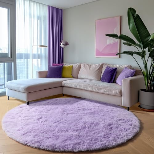 ONASAR Light Purple Round Area Rug 4ft, Soft Bedroom Circle Rugs Floor Mats for Kids Girls Teen Room, Cute Fluffy Plush Shaggy Carpet for Baby Nursery Living Room Playroom Dorm Home Decor - Image 3