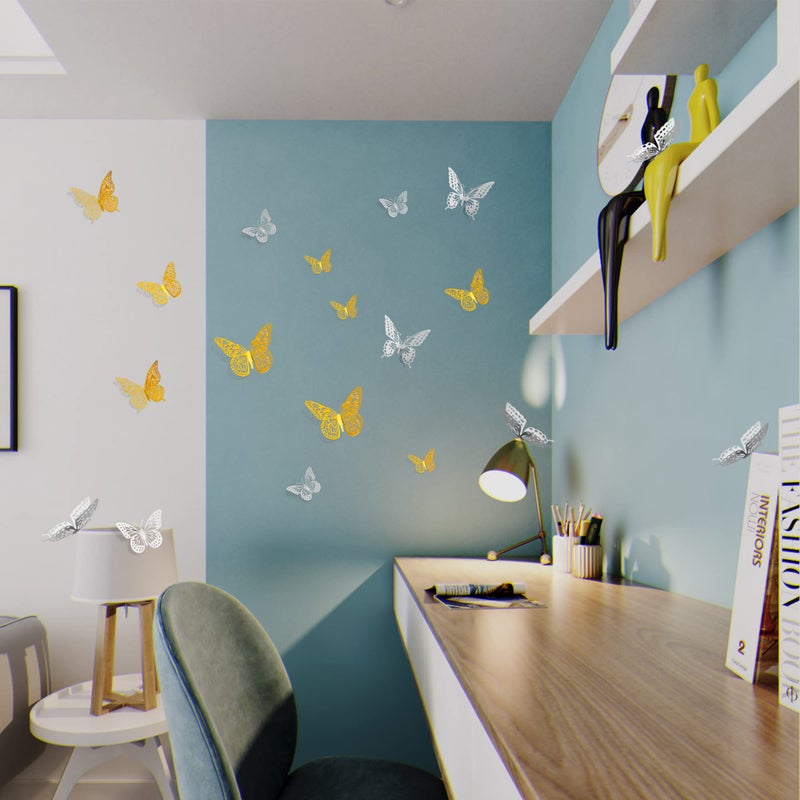 ساوروبيب SAOROPEB 3D Butterly Wall Decor 48 PCS 4 أنماط 3 أحجام زخارف عيد ميلاد الفراشة ديكورات الحزب ديكورات الديكور الزفاف ملصقات قابلة للإزالة (الذهب الفضة) - Image 4