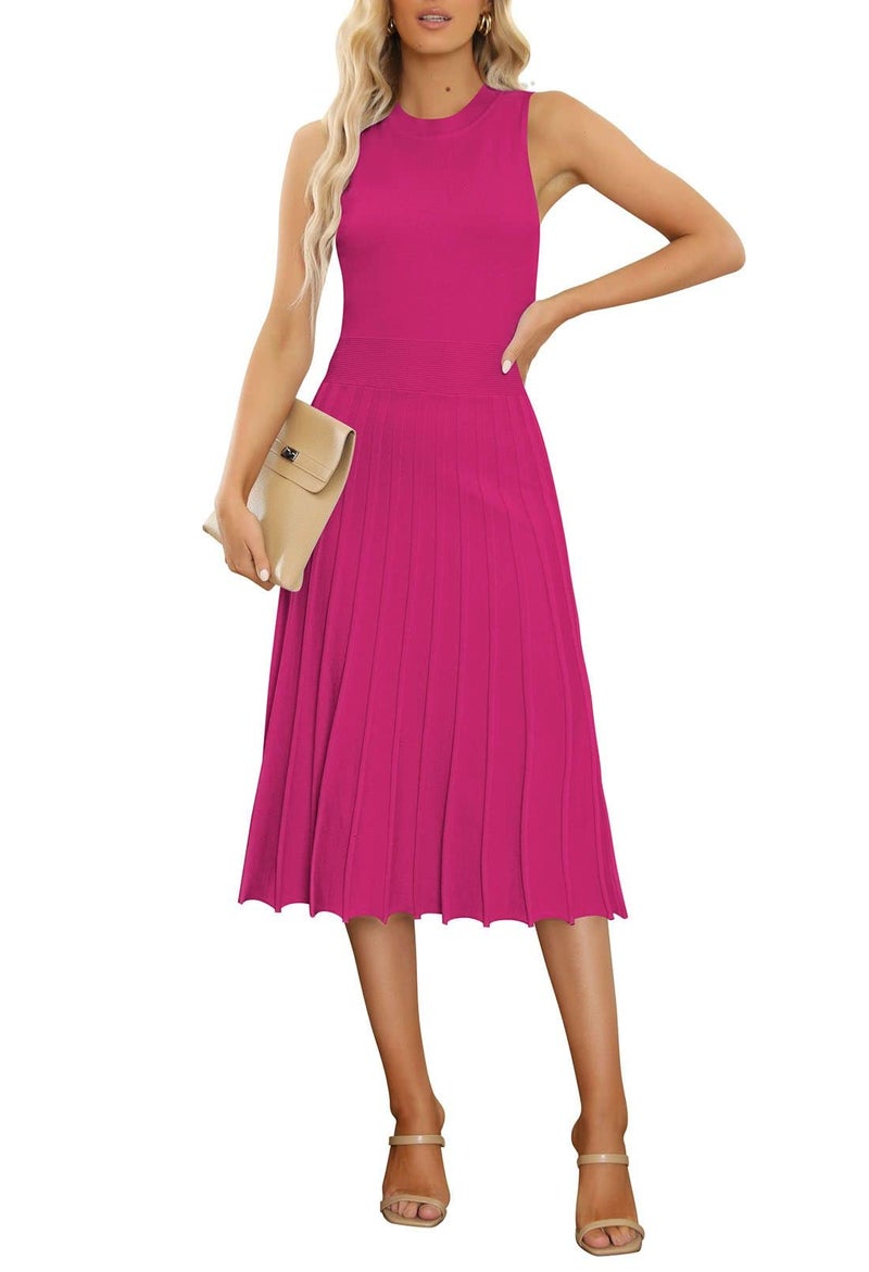 Pink Queen Summer Bodycon Dress For Women Crew Neck Sleeveless Vacation Pleated Knit Midi Dresses Rose Red M - Image 3