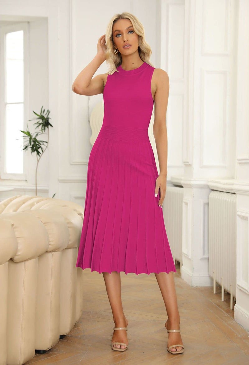 Pink Queen Summer Bodycon Dress For Women Crew Neck Sleeveless Vacation Pleated Knit Midi Dresses Rose Red M - Image 4