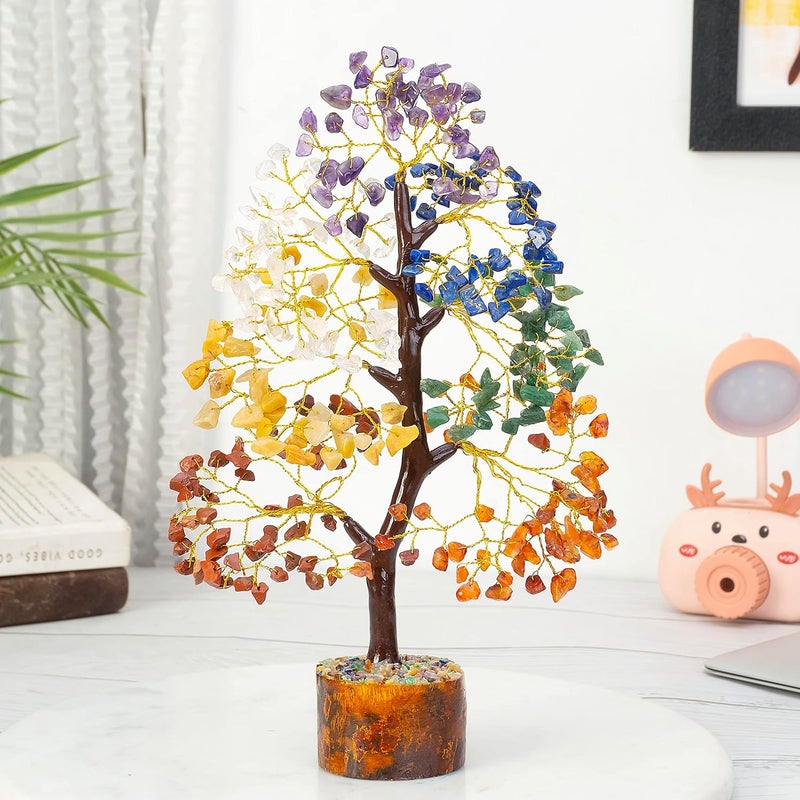 HindCraft Seven Chakra Crystal Tree Good Luck Showpiece for Home Decor Items Crystals Gemstones Bonsai Money Tree for Good Luck Decoration Gift Item Multicolor Golden Wire810 Inches200 Beads - Image 1