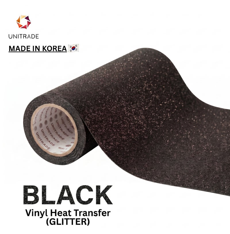 UNITRADE® Glitter Black Heat Transfer Vinyl Roll / Compatible with Cricut, Silhouette, Professional Cutters / CPSIA Certified / Made in Korea - Image 1