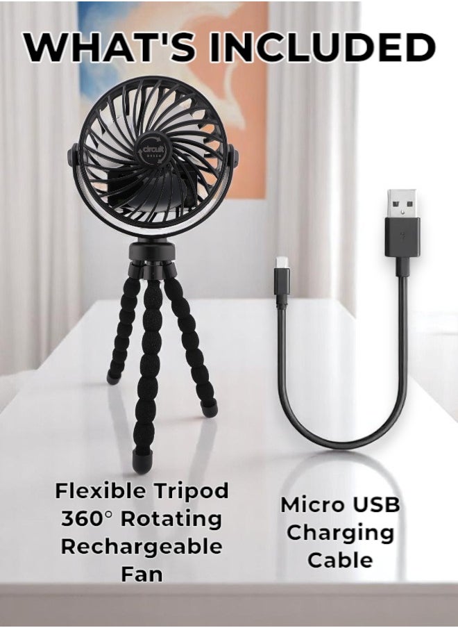 360° Rotating Portable Mini Fan, 3-Speed Rechargeable Stroller Fan with Flexible Tripod, Handheld Personal Cooling for Car Seat, Crib, Treadmill, and Travel (Black)