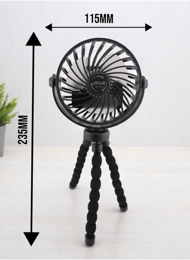 Circuit Green 360° Rotating Portable Mini Fan, 3-Speed Rechargeable Stroller Fan with Flexible Tripod, Handheld Personal Cooling for Car Seat, Crib, Treadmill, and Travel (Black)  - Image 5